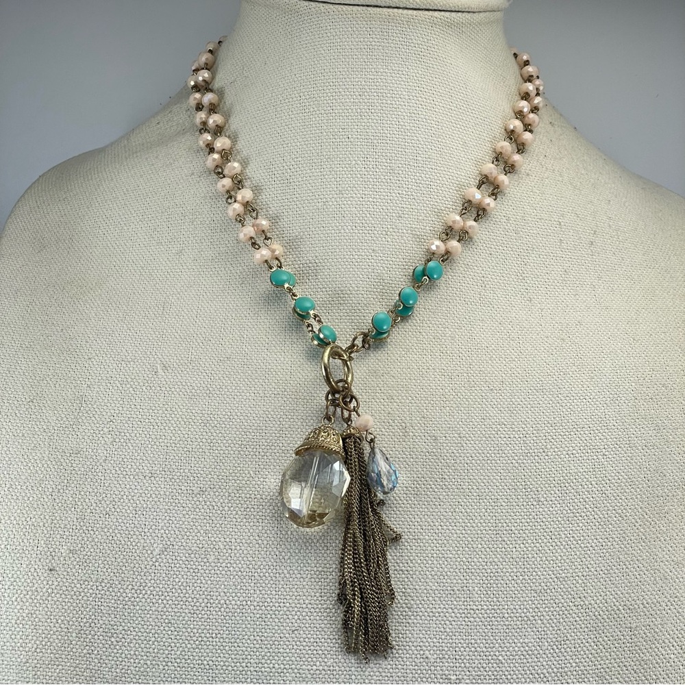 Beautiful Gold Tone Chain Cream Glass Tassel Statement Necklace Boho Cassic